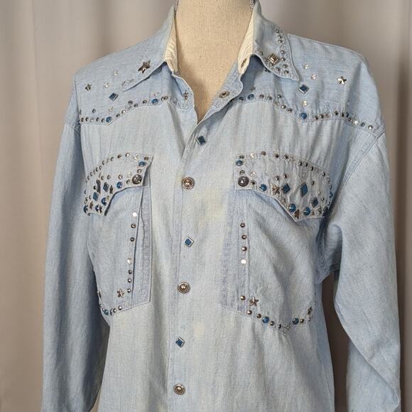 90s Vintage Embellished Denim Snap Button Up Shirt Light Wash Size Small - Picture 16 of 16